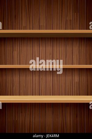 Holz Bücherregale auf braunen Holz Wand Hintergrund flache Bauweise Stock Vektor