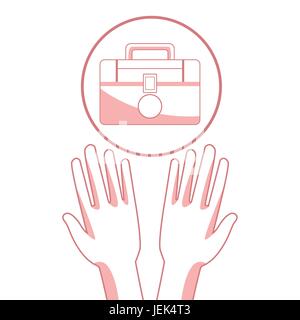 weißen Hintergrund mit roten Farbe Abschnitte der Silhouette Hände halten einen schwimmenden Kit-Erste-Hilfe in kreisförmigen Rahmen Stock Vektor