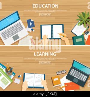 Bildung und lernen Banner flache Design-Vorlage. Schule Objekt auf hölzernen Hintergrund Stock Vektor