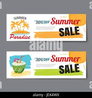 Sommer Sale Gutschein Vorlage. Rabatt-Gutschein. Banner handgezeichneten flaches design Stock Vektor