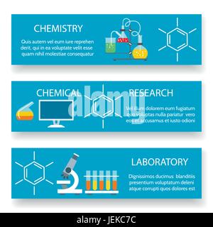 Chemie-Labor-Banner. Vektor Wissenschaft Experiment Hintergründe mit wissenschaftlichen Laborgeräten Stock Vektor