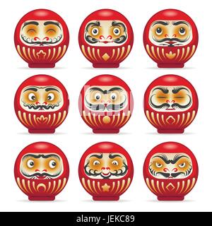 Rote Daruma Puppen aus Japan isoliert auf weiss. Vektor-Dharma charmante Popkultur japanischen Mönch Daruma Puppe Tempel Stock Vektor