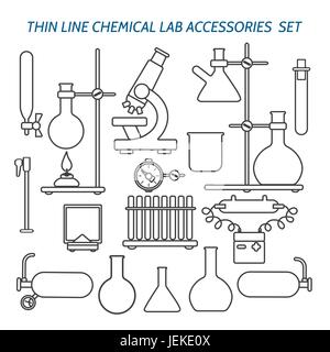 Dünne Linie chemische Laborgeräte und Zubehör eingestellt. Biologie Wissenschaft und Medizintechnik linearer Vektor-icons Stock Vektor