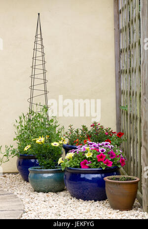 Töpfe mit Blumen in einem kleinen Garten Stockfoto