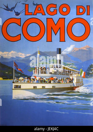 Comer See, Italien. Werbe-Plakat um 1910 zeigt der dann neu eingeführter Dampf Fähre Stockfoto