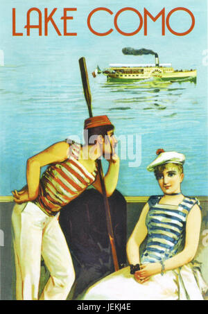 Comer See, Italien. Werbe-Plakat um 1910 mit einem Dampfschiff ferry im Hintergrund und ein Seemann vielleicht reflektieren, dass seine Rudern Tage über mit das neue Transportmittel. Stockfoto
