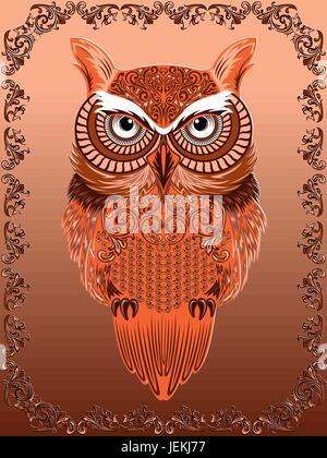 Schön verzierte große schwere Eule auf dem Hintergrund mit floralen Ornamentrahmen, Cartoon-Vektor-illustration Stock Vektor