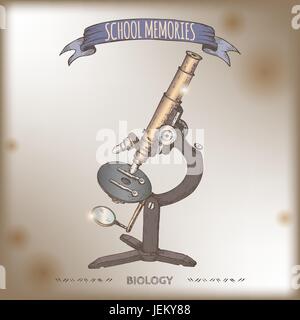 Antikes Mikroskop Hand gezeichnete Farbe Skizze auf Vintage-Hintergrund platziert. Stock Vektor