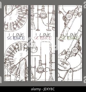 Drei Banner mit Hand gezeichneten Wissenschaft Ausrüstung Skizze. Stock Vektor