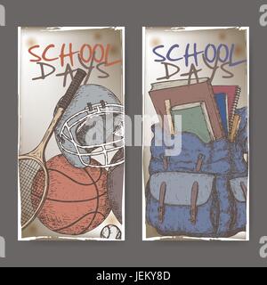 Zwei Banner mit Schule im Zusammenhang mit Farbe Skizzen mit Sport-Ausrüstung und Rucksack. Stock Vektor