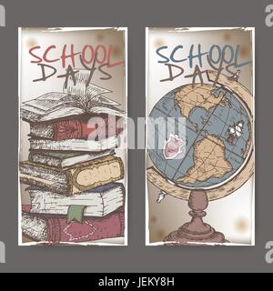 Zwei Banner mit Schule im Zusammenhang mit Farbe Skizzen mit Büchern und Globe. Stock Vektor