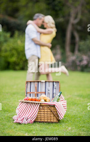 Glückliches Paar umarmt neben Picknick-Korb Stockfoto