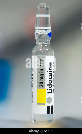 Durchstechflasche mit Lidocain Hydrochlorid, eine lokale betäubende Droge angelegt mit anderen Anästhetika vor einem chirurgischen Eingriff. Stockfoto
