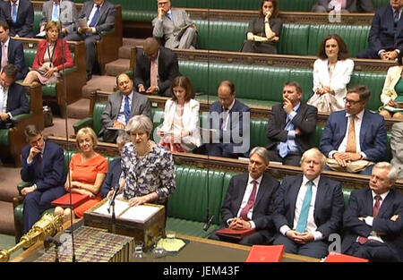 Premierminister Theresa May macht eine Aussage über den Europäischen Rat im House Of Commons, London. Stockfoto