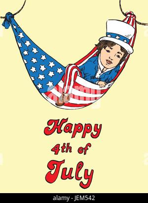 Porträt des kleinen Jungen im Uncle Sam Kostüm ausruhen in der Hängematte der amerikanischen Flagge, Happy 4th of July, Kartendesign, von hand gezeichnet, Vektor-illustration Stock Vektor