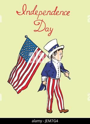 Porträt des kleinen Jungen im Uncle Sam Kostüm zu Fuß mit der amerikanischen Flagge, Independence Day, Kartendesign, von hand gezeichnet, Vektor-Illustration, Comic Stock Vektor