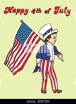 Porträt des kleinen Jungen im Uncle Sam Kostüm zu Fuß mit amerikanischen Flagge, Happy 4th of July, Kartendesign, von hand gezeichnet, Vektor-Illustration, Comic Stock Vektor