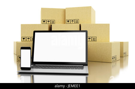 3D Illustration. Kartons und informationstechnischen Geräten mit leeren Bildschirm. E-Commerce, Online-shopping und Versand-Service-Konzept. Isolierte weiß ba Stockfoto