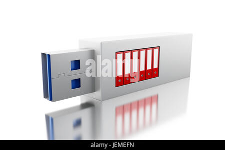3D Illustration. USB-Laufwerk mit Datenordner. Speicherung von Informationskonzept. Isolierten weißen Hintergrund Stockfoto