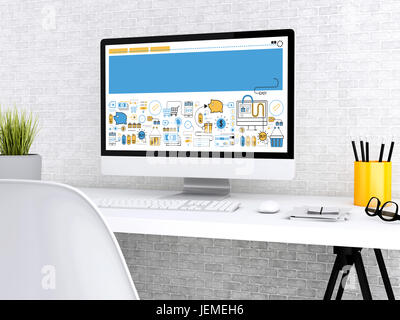 3D Illustration. Moderner Arbeitsplatz mit Computer. Technologie- und Business-Konzept. Stockfoto