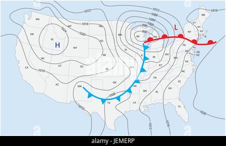 Imaginäre Wetterkarte der Vereinigten Staaten von Amerika Stock Vektor