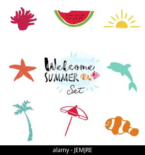 Doodle-Icon-Set im Sommer, von hand gezeichneten Elemente für die Sommer Saison. Wassermelone, Meerestiere und Strand Dekoration umfasst. EPS10 Vektor. Stock Vektor