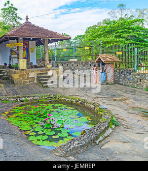 PILIMATHALAWA, SRI LANKA - 11. November 2016: Der kleine Teich mit Lotusblumen wird in felsige Oberfläche in historischen Vihara Buddhistentempel kompl. geschnitzt Stockfoto