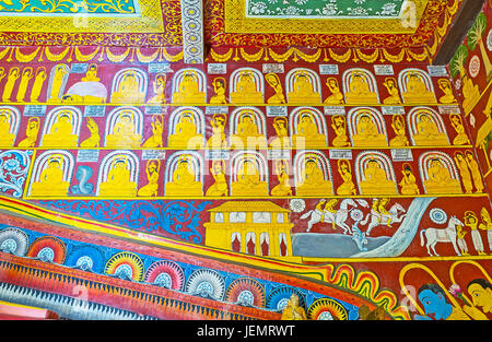 PAMUNUWA, SRI LANKA - 29. November 2016: Innenraum der Pamunuwa buddhistischen Tempel mit den bunten Bildern an Wänden, Darstellung von Lord Buddha, mittelalterliche kin Stockfoto