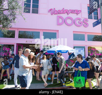 Los Angeles, Kalifornien, USA. 25. Juni 2017. Celebrity/Unternehmer Lisa Vanderpump, gekleidet in weiß und tragen weiße Hut (auf der linken Seite), vor ihrem Geschäft auf Vanderpump Hunde, während World Dog Tag 2017, die sie in Los Angeles, Kalifornien am 25. Juni 2017 moderierte.  Bildnachweis: Sheri Determan/Alamy Live-Nachrichten Stockfoto