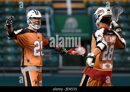 Überstunden. 24. Juni 2017. Rochester Rattlers Mittelfeldspieler Jordan MacIntosh #28 feiert sein Tor mit Teamkollege Zed Williams #28 während einer Major League Lacrosse-Spiel auf Samstag, 24. Juni 2017 bei Capelli Sportstadion in Rochester, NY. Die Blaze gewann 14-13 in der Overtime. Rich Barnes/CSM/Alamy Live-Nachrichten Stockfoto