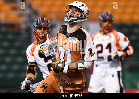 Überstunden. 24. Juni 2017. Rochester Rattlers Mittelfeldspieler John Ranagan #31 reagiert auf geprüft gegen die Atlanta Blaze während ein Major League Lacrosse-Spiel auf Samstag, 24. Juni 2017 bei Capelli Sportstadion in Rochester, NY. Die Blaze gewann 14-13 in der Overtime. Rich Barnes/CSM/Alamy Live-Nachrichten Stockfoto