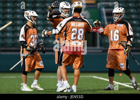 Überstunden. 24. Juni 2017. Rochester Rattlers Mittelfeldspieler Jordan MacIntosh #28 feiert sein Tor mit Teamkollege Zed Williams #28 während einer Major League Lacrosse-Spiel auf Samstag, 24. Juni 2017 bei Capelli Sportstadion in Rochester, NY. Die Blaze gewann 14-13 in der Overtime. Rich Barnes/CSM/Alamy Live-Nachrichten Stockfoto