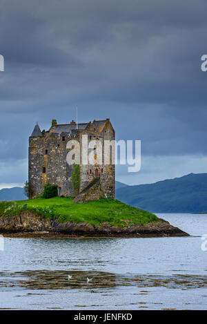 Castle Stalker, mittelalterliche viergeschossige Wohnturm / keep in Loch Laich, Einlass ab Loch Linnhe in der Nähe von Port Appin, Argyll, Schottland, UK Stockfoto