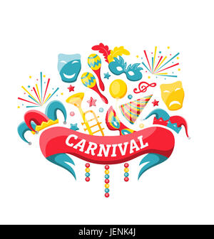 Abbildung Feier festliche Banner für glücklich Karneval Party bunte Symbole und Objekte- Stockfoto
