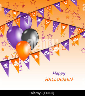 Abbildung hängenden Fahnen und Luftballons für Happy Halloweenparty- Stockfoto