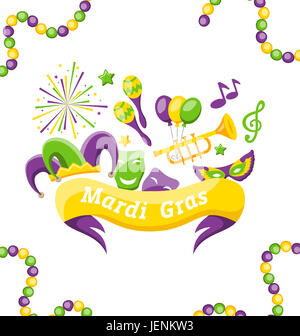 Abbildung Feier Banner mit Set Karneval Symbole und Objekte für Karneval, Fat Tuesday- Stockfoto