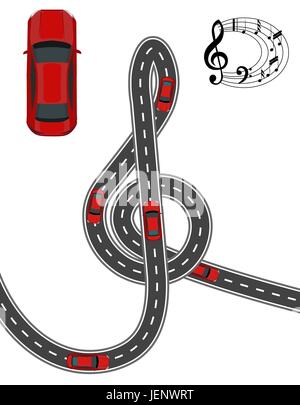 Die Straße ist in Form von einem Violinschlüssel stilisiert. Rotes Auto. Musik auf der Straße. Volumetrische Zeichnung ohne ein Netz und einen Farbverlauf. Isoliert. Abbildung Stock Vektor