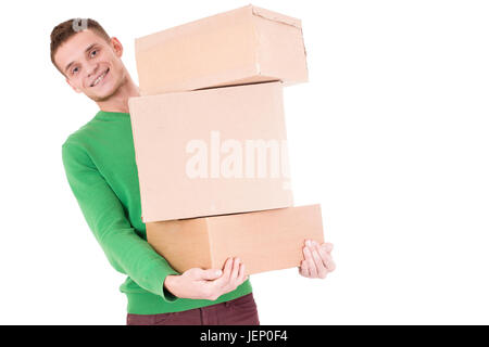 Junge Lieferung Mann hinter den Kisten. so lustig. isolierten weißen Hintergrund. Auf dem Boden sitzend Stockfoto