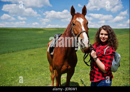 Junge hübsche Mädchen Aufenthalt mit Pferd auf einem Feld am sonnigen Tag. Stockfoto