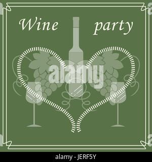 Niedliche Vektor-Illustration der Flasche Wein, Gläser, Trauben und Herz im Rahmen. Weinhandel. Shop, Bar, Restaurant, Weinkeller, Weinproben, Liste oder ev Stock Vektor