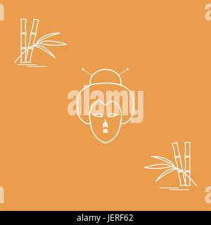 Stilisierte Ikone der japanischen Frau Gesicht und Bambus. Reisen und Freizeit. Design für Banner, Poster oder Druck. Stock Vektor