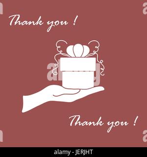 Niedliche Bild mit Hand, ein Geschenk und eine Inschrift: Ich danke Ihnen auf einem farbigen Hintergrund. Stock Vektor