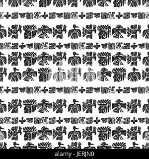 Nahtlose Vektormuster Maya. Schwarz / weiß ethnische Elemente. Tribal doodles Ornament. Abstrakte alte Symbole Gesichter, Vögel und Tiere. Stock Vektor