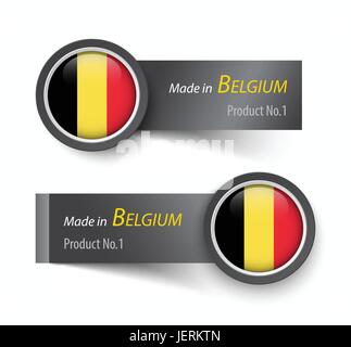 Flaggen-Symbol und Beschriftung mit Text made in Belgien. Stock Vektor