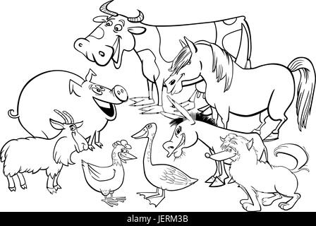 Schwarz / Weiß Cartoon Illustration der Farm Animal Characters Group Malbuch Stock Vektor