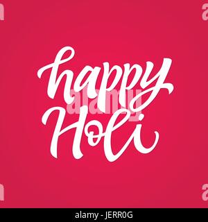 Happy Holi - Hand gezeichnete Pinsel Stift Schriftzug Design Vektorbild. Roten Hintergrund. Verwenden Sie dieses hochwertige Kalligraphie für Ihre Banner, Flyer, Gruß Stock Vektor