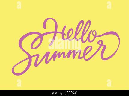 Hallo Sommer - Hand gezeichnete Pinsel Stift Schriftzug Design Vektorbild. Gelb hinterlegt. Verwenden Sie dieses hochwertige Kalligraphie für Ihre Banner, Flyer, Karte Stock Vektor
