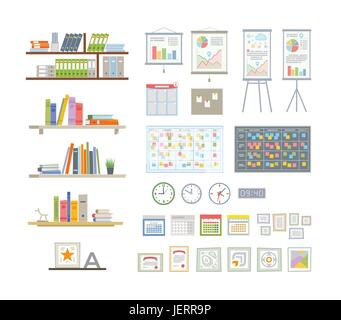 Bürowesensmerkmale - moderne Vektor flache Farbsymbole festgelegt. Verschiedene Bücher, Ordner, Infografik Diagramm, Kalender, Organizer, digitale und mechanische Uhr Stock Vektor