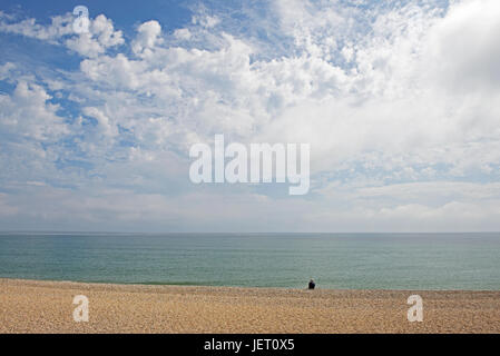 Mann sitzt auf dem Strand, Seaton, Devon, England UK Stockfoto