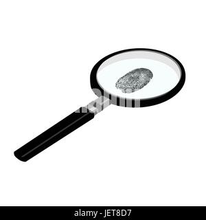 Isometrische schwarzen Fingerabdruck durch Lupe-Vektor-Illustration. Kriminalistik-Forschung Stock Vektor